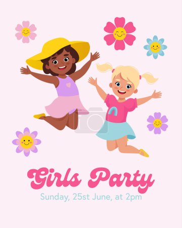 Téléchargez les illustrations : Affiche de fête des filles. Des mignons enfants qui sautent heureux. Illustration vectorielle - en licence libre de droit