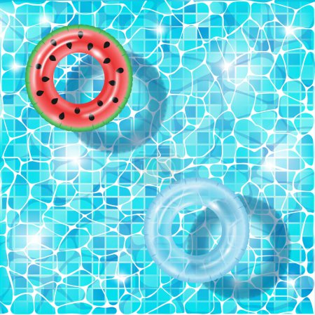 Ilustración de Piscina con coloridos anillos inflables flotando en agua limpia. Vacaciones de verano, concepto de fiesta de piscina. Ilustración vectorial en un estilo 3D - Imagen libre de derechos