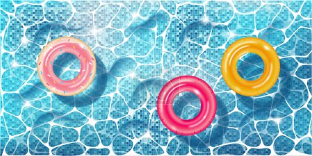 Téléchargez les illustrations : Piscine avec anneaux gonflables colorés flottant sur de l'eau propre. Vacances d'été, concept de pool party. Illustration vectorielle dans un style réaliste - en licence libre de droit