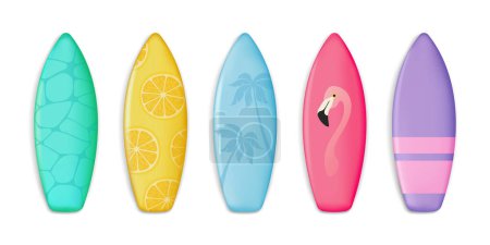 Téléchargez les illustrations : Set de planche de surf d'été. planches de surf vectorielles, décorées dans des motifs colorés dans le style 3d - en licence libre de droit