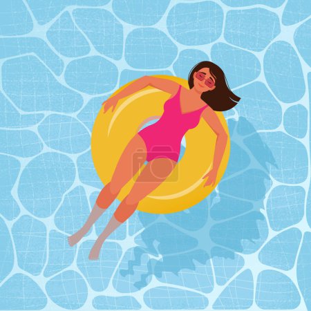 Téléchargez les illustrations : Femme en maillot de bain sur un cercle gonflable dans la piscine. Illustration vectorielle plate - en licence libre de droit