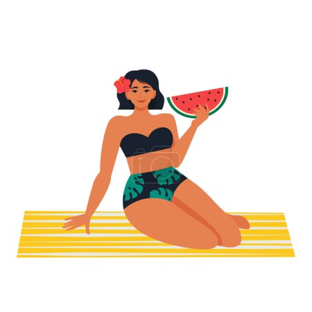 Téléchargez les illustrations : Femme en maillot de bain avec pastèque, assise sur une couverture. Vacances d'été, détente, concept de loisirs. Illustration vectorielle plate - en licence libre de droit