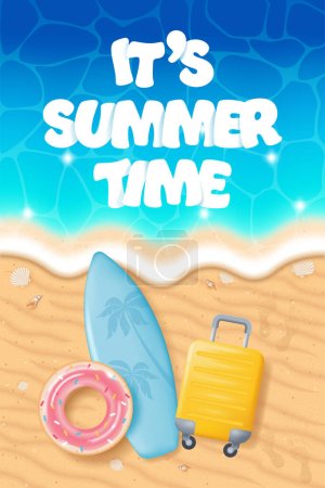 Ilustración de Playa de verano a orillas del mar con una tabla de surf, anillo de goma inflable y maleta. Ilustración vectorial en dibujos animados estilo 3d - Imagen libre de derechos