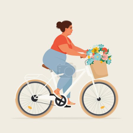 Illustration for Chubby Attractive Woman riding a bike with flowers in the basket. Cute Vector illustration in flat style - Royalty Free Image