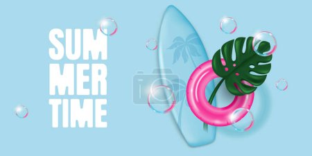 Ilustración de Banner de horario de verano con una tabla de surf, anillo inflable, hoja de Monstera y burbujas de jabón. Ilustración vectorial en estilo 3D realista - Imagen libre de derechos