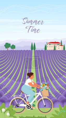 Illustration for Chubby Attractive Woman riding a bike on Lavender field landscape. Vector illustration in flat style - Royalty Free Image