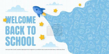 Illustration for Back to School Concept Horizontal Banner with doodle background and 3D elements. Vector illustration - Royalty Free Image
