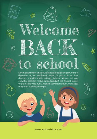 Illustration for Back To School Vertical Flyer. Cute Pupils near Chalkboard with doodle illustration. Vector illustration - Royalty Free Image
