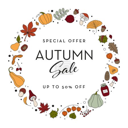 Illustration for Autumn sale banner with seasonal doodle-style leaves, pumpkin, and mushroom elements. Vector illustration. Circle frame with empty space - Royalty Free Image