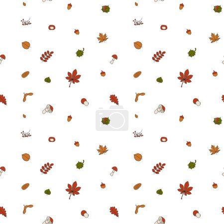 Illustration for Autumn seamless pattern in colorful doodle style. Forest leaves and mushrooms. Vector illustration - Royalty Free Image