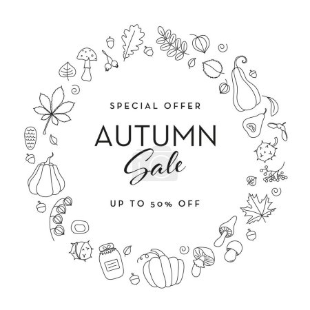 Illustration for Autumn sale banner with seasonal doodle-style leaves, pumpkin, and mushroom elements. Outline Vector illustration - Royalty Free Image