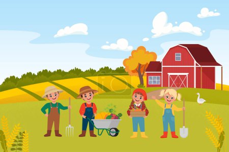 Illustration for Children Harvesting at the farm. Harvesting, farm market festival concept. Vector illustration in flat style - Royalty Free Image