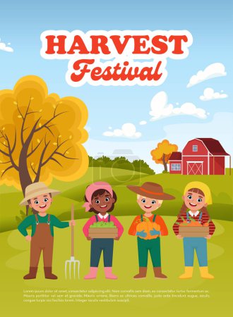 Illustration for Harvest Festival Poster. Cute Children with harvested vegetables and fruit. Farm or field landscape. Cute Vector illustration in flat style - Royalty Free Image