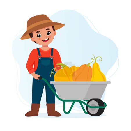 Illustration for Cute happy kid harvesting pumpkins, a boy with a wheelbarrow. Autumn season. Vector illustration - Royalty Free Image