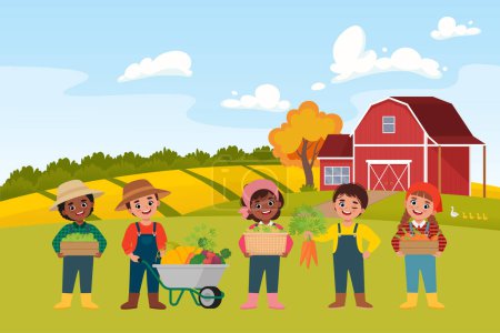 Kinder ernten auf dem Bauernhof. Ernte, Bauernmarktfest-Konzept. Vektor-Illustration in einem niedlichen flachen Stil