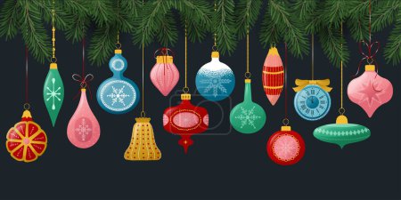 Illustration for Christmas Vintage Glass balls on threads. Vector illustration - Royalty Free Image