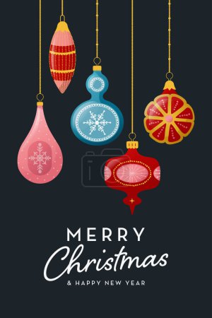 Téléchargez les illustrations : Affiche ou carte de vœux de Noël avec boules de verre vintage décoratives. Illustration vectorielle mignonne dans un style rétro - en licence libre de droit