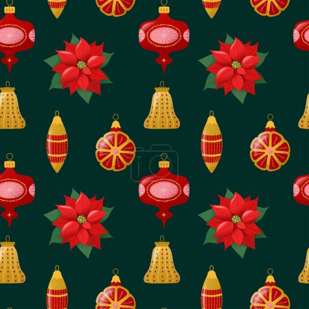 Illustration for Christmas Seamless Pattern with Vintage Christmas Tree Glass Toys and Poinsettia. Vector illustration - Royalty Free Image