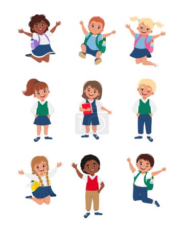 Ilustración de Niños felices en uniforme saltando con mochilas. Conjunto de alumnos. Ilustración vectorial - Imagen libre de derechos