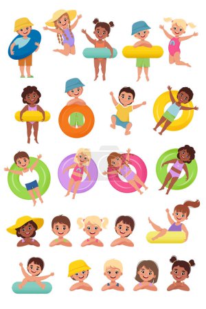 Ilustración de Niños nadando, saltando. Conjunto de niños felices y alegres en verano. Ilustración vectorial - Imagen libre de derechos