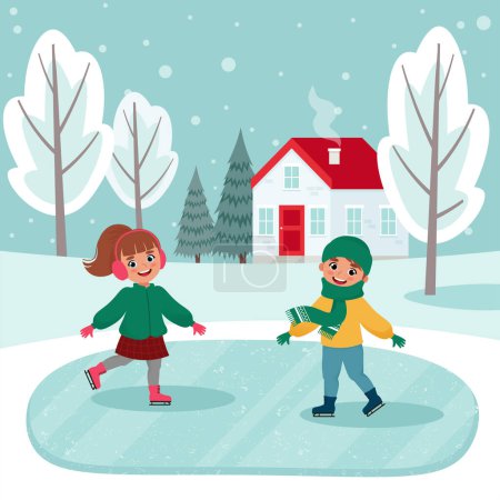 Illustration for Winter Kids outdoor activities. Children on skates. Vector illustration - Royalty Free Image