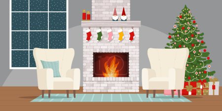 Illustration for Cozy interior with brick classic fireplace, armchairs, and decorated Christmas tree. Christmas holidays. Vector illustration in flat style - Royalty Free Image
