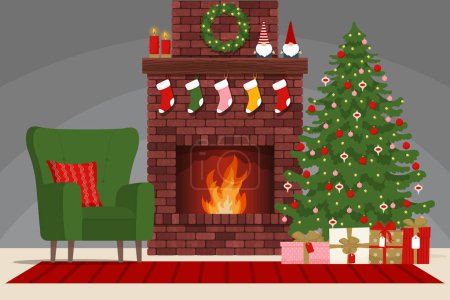 Illustration for Cozy interior with brick classic fireplace, armchair, and decorated Christmas tree. Christmas holidays. Vector illustration in flat style - Royalty Free Image