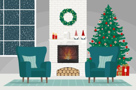 Illustration for Cozy interior with brick classic fireplace, armchairs, and decorated Christmas tree. Christmas holiday, winter season. Vector illustration in flat style - Royalty Free Image