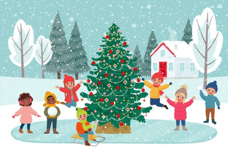 Téléchargez les illustrations : Activités de plein air enfantines d'hiver près de l'arbre de Noël décoré en fond hivernal. Les enfants jouent aux vacances de Noël. Illustration vectorielle mignonne dans un style plat - en licence libre de droit