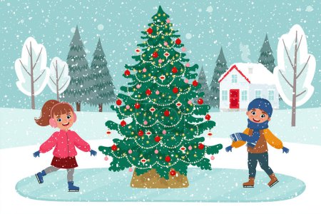 Téléchargez les illustrations : Activités de plein air enfantines d'hiver près de l'arbre de Noël décoré en fond hivernal. Des enfants en patins. Illustration vectorielle plate - en licence libre de droit