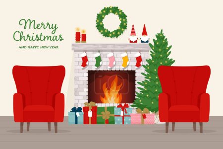 Illustration for Cozy interior with classic fireplace, armchairs, gift boxes small Christmas tree. Vector illustration in flat style - Royalty Free Image