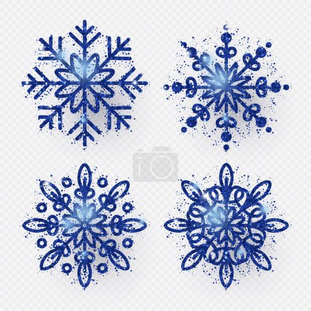 Ilustración de Conjunto de copos de nieve de brillo azul oscuro. Navidad, símbolo de invierno. Ilustración aislada vectorial - Imagen libre de derechos