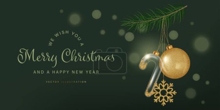 Ilustración de Banner elegante de Navidad con juguetes de Navidad de vidrio dorado. Ilustración vectorial en un estilo realista - Imagen libre de derechos