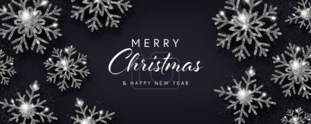 Illustration for Xmas Banner with Silver Glitter Snowflakes. Merry Christmas and Happy New year. Realistic Vector illustration - Royalty Free Image