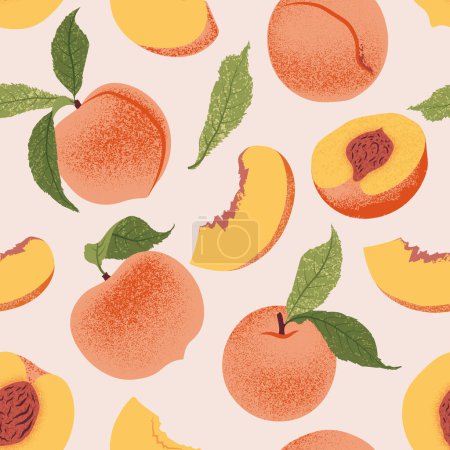 Téléchargez les illustrations : Tranches fraîches Peach fruits motif sans couture. illustration vectorielle tendance - en licence libre de droit