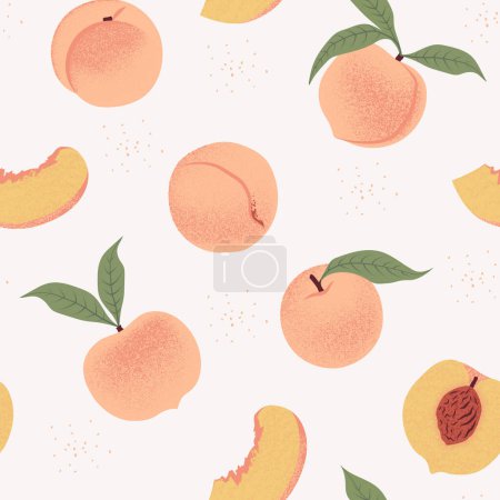 Téléchargez les illustrations : Tranches fraîches Peach fruits motif sans couture. Illustration vectorielle en couleur Peach Fuzz - en licence libre de droit