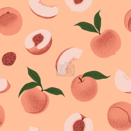 Téléchargez les illustrations : Tranches fraîches Peach fruits motif sans couture. Illustration vectorielle en couleur Peach Fuzz tendance - en licence libre de droit