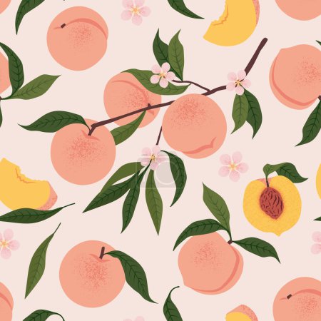 Téléchargez les illustrations : Floraison Peach Branch et laisse un motif sans couture. Illustration vectorielle dans un style tendance - en licence libre de droit