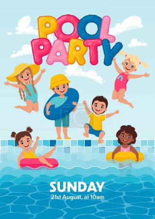 Téléchargez les illustrations : Affiche de fête de piscine pour enfants. Des enfants nagent dans la piscine. Illustration vectorielle en dessin animé style plat - en licence libre de droit