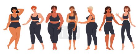 Illustration for Women diverse of different ethnicities, figures, and forms stand. Vibes mood, body positive. Vector illustration in flat style - Royalty Free Image