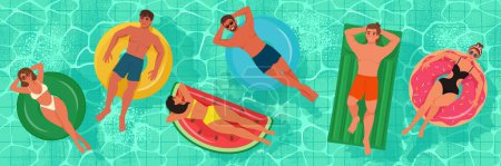 Téléchargez les illustrations : Les gens flottant sur des anneaux gonflables dans une piscine. Vue de dessus. Illustration vectorielle plate - en licence libre de droit