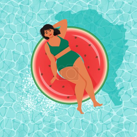 Illustration for Attractive Chubby Woman in a swimsuit on an inflatable circle in the pool or sea. Flat Vector illustration - Royalty Free Image