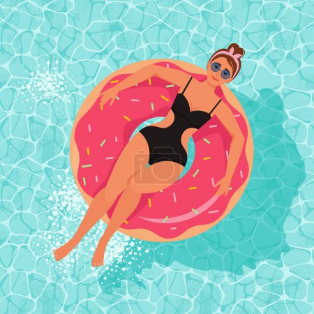 Téléchargez les illustrations : Une jolie femme en maillot de bain sur un cercle gonflable dans la piscine ou la mer - en licence libre de droit