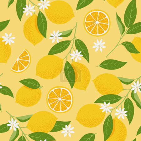 Téléchargez les illustrations : Modèle tropical sans couture avec des citrons jaunes. Agrumes fond. Illustration vectorielle dans un style plat pour tissu imprimé ou papier peint - en licence libre de droit