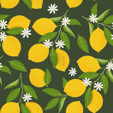 Téléchargez les illustrations : Motif tropical sans couture avec des branches de citron jaune. Agrumes fond. Illustration vectorielle - en licence libre de droit