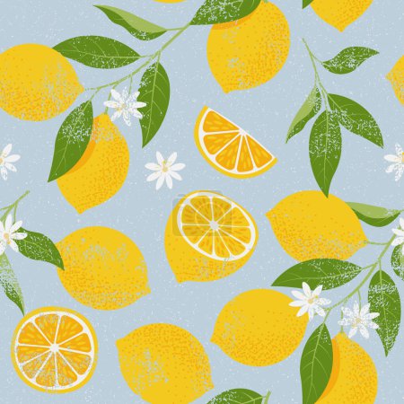 Illustration for Tropical seamless pattern with yellow lemon branches and slices. Citrus Fruit background. Vector Illustration - Royalty Free Image