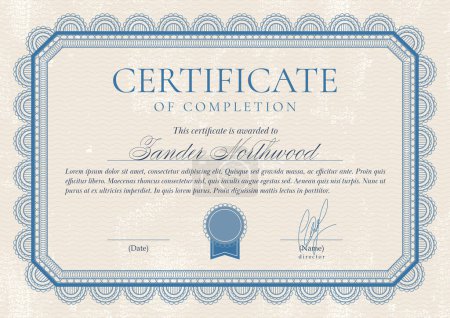 Ilustración de Certificado o diploma en estilo vintage y colores azules. Diseño de bordes de marco. Ilustración vectorial - Imagen libre de derechos