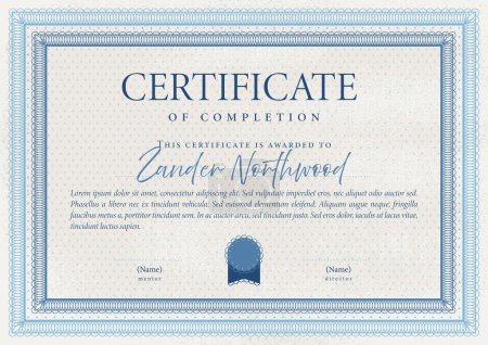 Ilustración de Certificado o diploma en estilo vintage y colores azules. Diseño de bordes de marco. Ilustración vectorial en estilo simple - Imagen libre de derechos