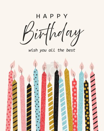 Ilustración de Feliz cumpleaños tarjeta de felicitación con velas de brillo. Linda ilustración vectorial - Imagen libre de derechos