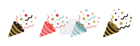Téléchargez les illustrations : Chapeau de fête Popper, Joyeux anniversaire Cracker, Chapeau d'anniversaire avec paillettes confettis ensemble. Illustration vectorielle - en licence libre de droit